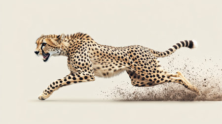 A stunning image of a cheetah sprinting across a sandy terrain, showcasing its incredible speed and agility. This powerful predator exemplifies the raw beauty of wildlife in motion.の素材