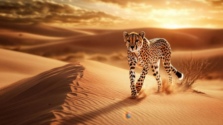 A stunning cheetah strides across golden sand dunes in a desert landscape, bathed in the warm glow of a vibrant sunset, showcasing nature's beauty.の素材