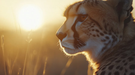 A stunning silhouette of a cheetah during golden hour, set against a vibrant sunset. This image captures the essence of wildlife and natural beauty in the savanna.の素材