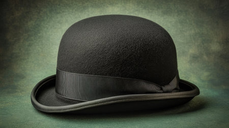 This image features a classic black bowler hat placed against a textured green background. The soft lighting creates elegant shadows, accentuating the hat's round shape. Ideal for fashion-related themes or vintage style concepts.の素材