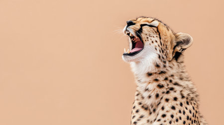 This striking close-up captures a cheetah yawning against a soft beige background, showcasing the beauty and grace of this magnificent animal in a moment of relaxation.の素材