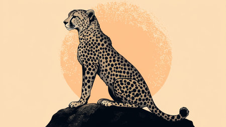 This striking artwork features a profile view of a majestic cheetah sitting on a rock against a warm sunset backdrop. The minimalist style emphasizes the beauty and grace of this iconic wildcat.の素材