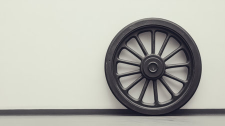 A solitary vintage black wheel leans against a minimalist white wall, showcasing captivating texture and design. Ideal for artistic and industrial themes.の素材