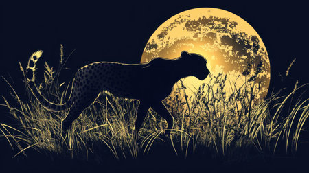 A majestic silhouette of a cheetah gracefully wanders through tall grass under the glow of a large full moon, capturing the essence of nocturnal wildlife.の素材