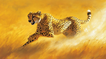 A striking illustration capturing a cheetah sprinting through vast golden grasslands, showcasing its remarkable speed and grace in the wild.の素材