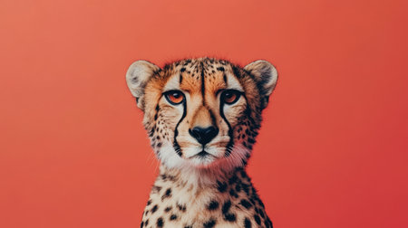 This striking portrait captures the essence of a cheetah with its soulful eyes and intricate spots, set against a vibrant coral background, ideal for wildlife enthusiasts.の素材