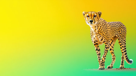 A striking image of a cheetah standing gracefully against a bright gradient background, showcasing its unique features and captivating beauty in the wild.の素材