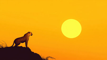 A striking silhouette of a cheetah sits atop a rocky outcrop, silhouetted against a brilliant sunset with a vast yellow sun, embodying the essence of wild beauty.の素材