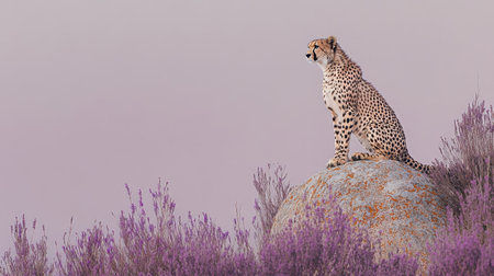 A majestic cheetah rests on a rock amidst vibrant lavender fields, capturing the beauty of nature in a tranquil landscape at sunrise.の素材