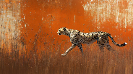 A striking image of a cheetah moving swiftly through tall grass, set against a vibrant orange background. The scene captures the essence of wildlife and natural beauty.の素材