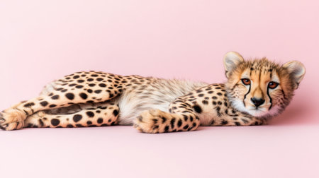 A stunning portrait of a playful cheetah lying on a soft pink background, showcasing its striking spots, expressive eyes, and adorable pose.の素材