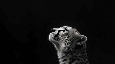 This striking monochrome image captures a cheetah elegantly gazing upwards, highlighting its graceful features and powerful presence against a dark background.の素材