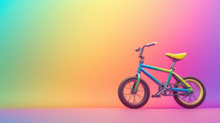 A vibrant children's bicycle stands proudly against a colorful gradient background, evoking a sense of joy and adventure often associated with childhood playtime.の素材