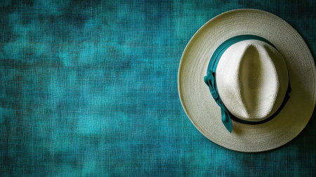 A stylish beige straw hat adorned with a green ribbon resting on a textured turquoise background, perfect for summer fashion or accessory imagery.の素材