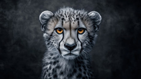 This stunning portrait captures the intense expression of a cheetah, showcasing its striking features and ferocious gaze. The dark background enhances its majestic beauty.の素材