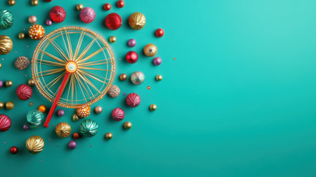 This vibrant image features a decorative wheel surrounded by colorful holiday ornaments on a teal background, perfect for festive celebrations.の素材