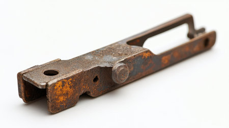 This image showcases a rusty metal industrial part, emphasizing its texture and aging details against a white background. Perfect for design and craft projects.の素材