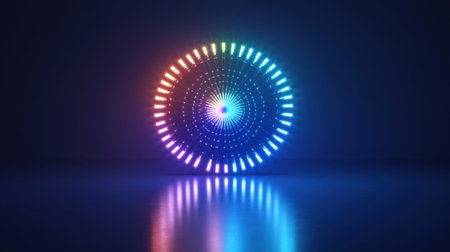 A mesmerizing circular light display creates an enchanting atmosphere with its vibrant colors and smooth reflections on a dark surface, blending art and technology.の素材