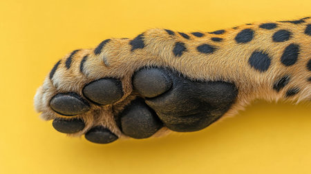 A stunning close-up of a leopard paw showcasing its distinctive spots and textures against a bright yellow background, perfect for animal lovers.の素材