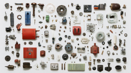 A clean and organized display of vintage industrial parts showcases a variety of mechanical items. Ideal for creative projects, this arrangement captures the essence of retro craftsmanship.の素材