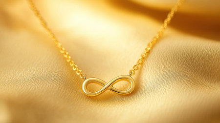 This beautiful yellow gold infinity necklace showcases intricate design, resting on soft satin fabric. Ideal for gifts, it radiates elegance and charm.の素材