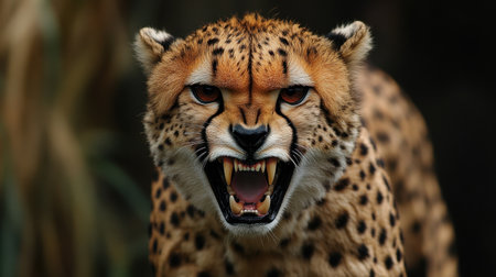 An intense close-up of a cheetah displaying its fierceness by growling, revealing sharp teeth in its natural habitat, capturing the essence of wild power.の素材