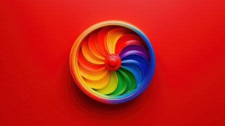This vibrant image features a colorful wheel in rainbow hues set against a bright red background. Perfect for creative projects, it evokes joy and excitement.の素材