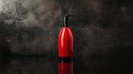 A striking bright red bottle with a pump top stands alone on a reflective surface, creating a captivating visual against a dark, textured background.の素材