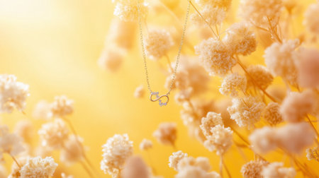 A captivating delicate necklace gracefully hangs among soft yellow flowers, creating an enchanting and dreamy atmosphere perfect for seasonal promotions.の素材
