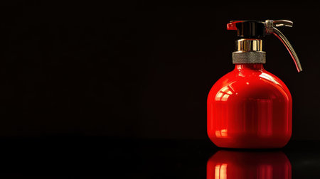 A striking red fire extinguisher placed on a reflective surface against a dark background, highlighting its importance in safety and emergency situations.の素材