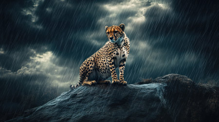 A striking image of a cheetah perched on a rock under dark stormy clouds, surrounded by rain, showcasing the beauty and grace of wildlife in a dramatic setting.の素材