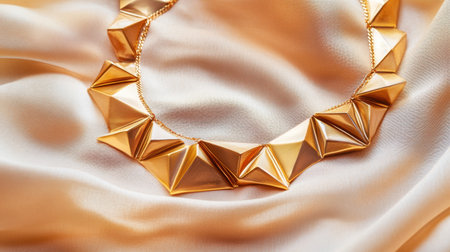 A stunning geometric gold necklace beautifully arranged on soft satin fabric, showcasing its intricate design and luxurious shine, perfect for display or gifting.の素材