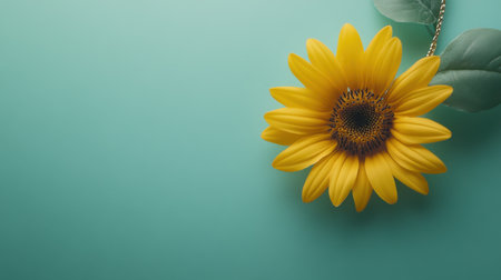 A stunning close-up of a vibrant sunflower set against a soft turquoise background, creating a perfect balance of color and tranquility, ideal for decor.の素材