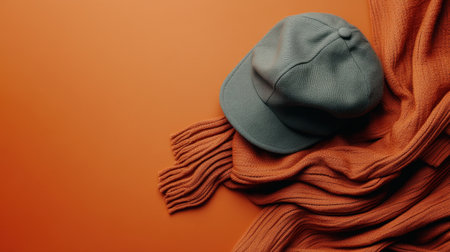 Experience warmth and style with this cozy winter set featuring a stylish hat and soft scarf, beautifully displayed on a warm orange background.の素材