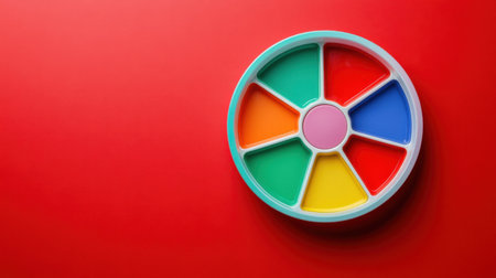 This image features a colorful art palette with eight distinct compartments arranged on a bright red background, showcasing vibrant hues perfect for artistic exploration.の素材