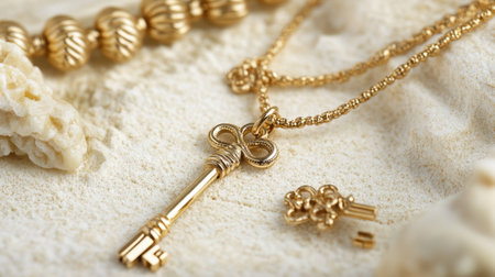 A stunning gold key pendant necklace rests elegantly among textured jewelry pieces on a soft sandy background, highlighting intricate design and luxury.の素材