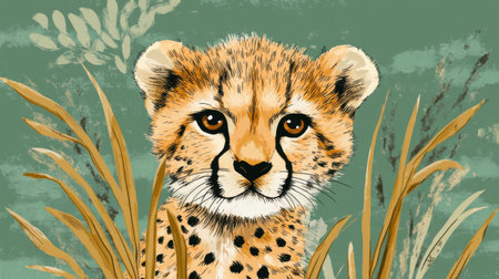 This vivid illustration features a cheetah peering through tall grass, showcasing its striking spots and captivating eyes against a colorful backdrop.の素材