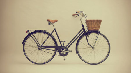 A vintage bicycle featuring a charming wicker basket, set against a soft neutral background. Ideal for evoking a sense of nostalgia and adventure.の素材