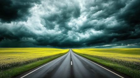 A stunning view of a long, empty road stretching towards the horizon beneath a dramatic sky filled with dark clouds. Vibrant yellow fields flank the sides, creating a striking contrast. Perfect for conveying themes of adventure, solitude, and nature.の素材