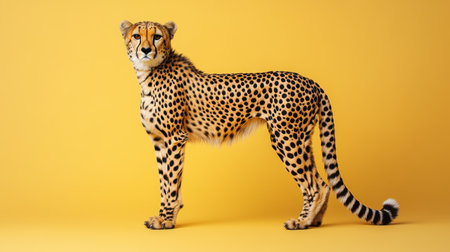 This captivating image features a majestic cheetah standing against a vibrant yellow backdrop, showcasing its stunning spots and graceful posture.の素材