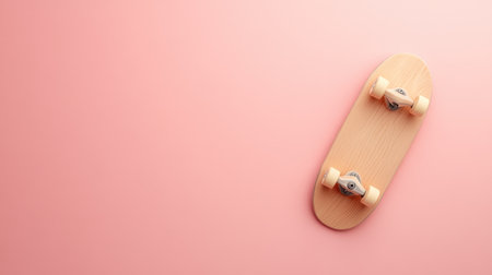 A stylish wooden skateboard resting on a softly colored pink surface, perfect for illustrating urban lifestyles, modern design, and playful spirit.の素材