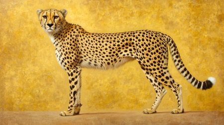 This stunning image features a majestic cheetah poised gracefully against a rich yellow background. The detailed fur and striking spots highlight the elegance and beauty of this wild predator, capturing its essence in a serene and artistic manner.の素材
