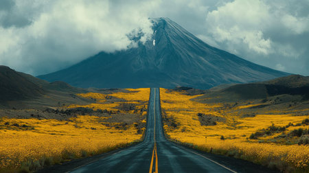 A stunning scenic road stretches toward a majestic mountain, framed by vibrant yellow flowers under a dramatic and cloudy sky, capturing the essence of natureの素材
