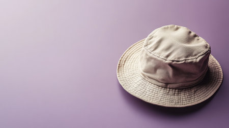 A stylish beige bucket hat rests on a soft purple background, perfect for fashion and outdoor activities. Ideal for photography and creative projects.の素材