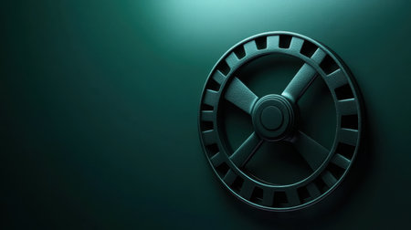 This image features a sleek black wheel against a dark green background, perfect for minimalistic art projects or modern design concepts.の素材