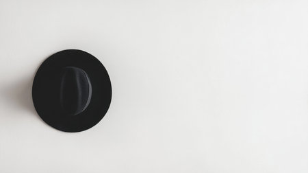 This image features an elegant black hat against a minimalist white background, perfect for fashion and artistic concepts showcasing simplicity and style.の素材