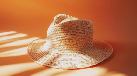This stylish woven hat rests on a vibrant orange background, casting soft shadows and creating an inviting summer vibe perfect for outdoor adventures.の素材
