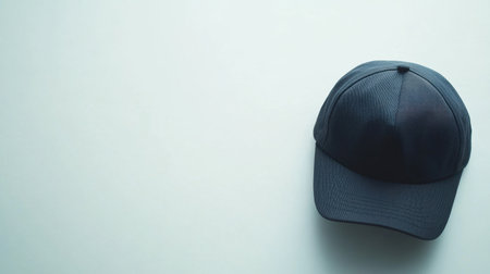 A minimalist black cap rests on a light background, perfect for showcasing casual fashion styles and accessories. Ideal for lifestyle and apparel imagery.の素材