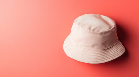 This image features a stylish light pink bucket hat placed on a vibrant coral background, perfect for summer fashion and casual outdoor adventures.の素材
