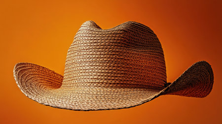 This image features a stylish cowboy hat crafted from straw, prominently displayed against a vibrant orange backdrop. Ideal for fashion, lifestyle, or seasonal themes.の素材